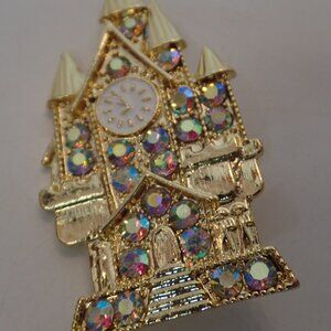 Beautiful Decorative Goldtone Castle W Clock and Jewels Apx 2.5" T X 1.5" W